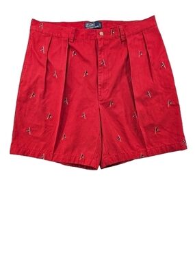 Vtg Polo Ralph Lauren All Over Embroider RL Flag Tyler Shorts Men 36 Red Pleated